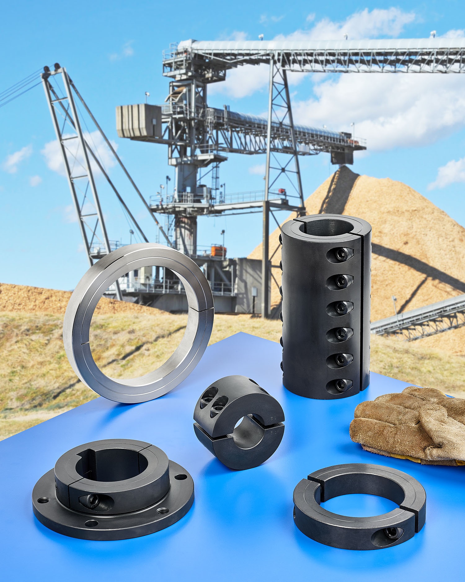 Large bore shaft collars, couplings and mounts for heavy equipment