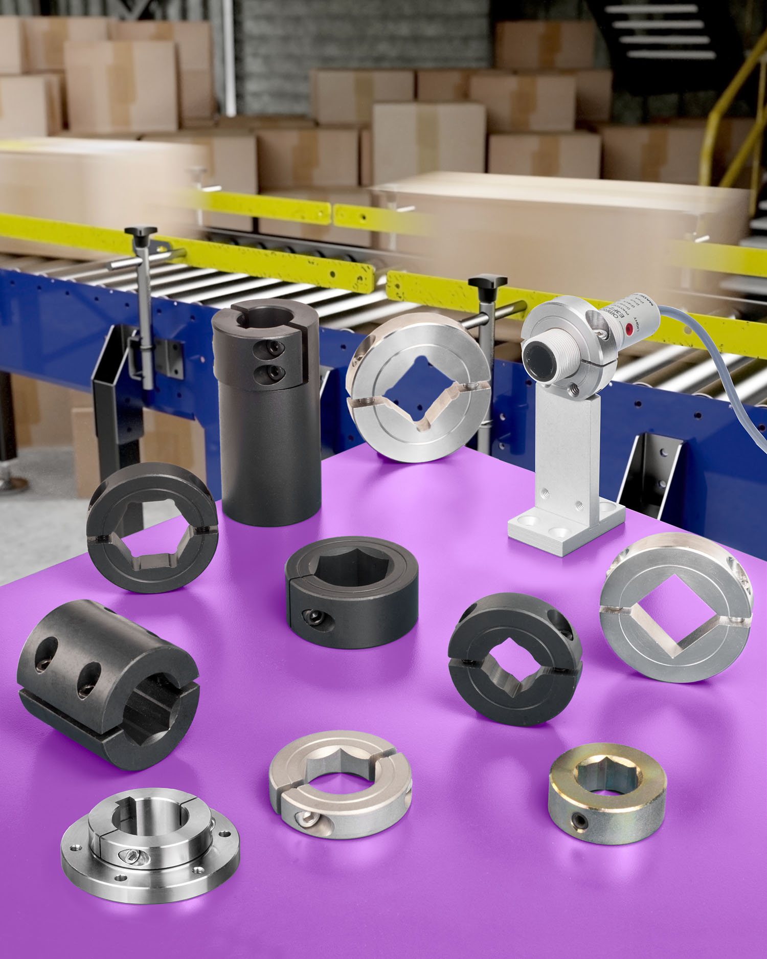 Shaft collars, couplings, and mounts for conveyor systems