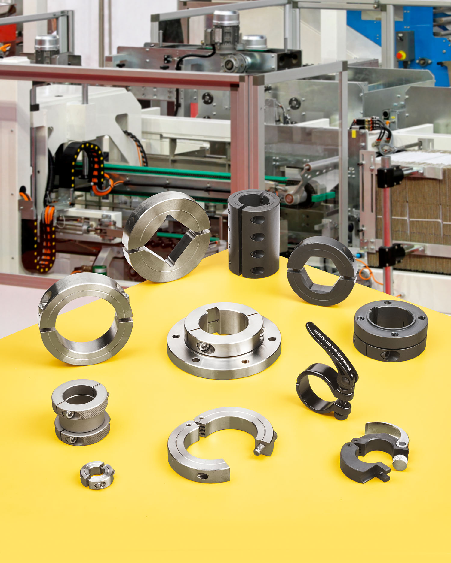 Shaft collars, couplings, and components for packaging equipment
