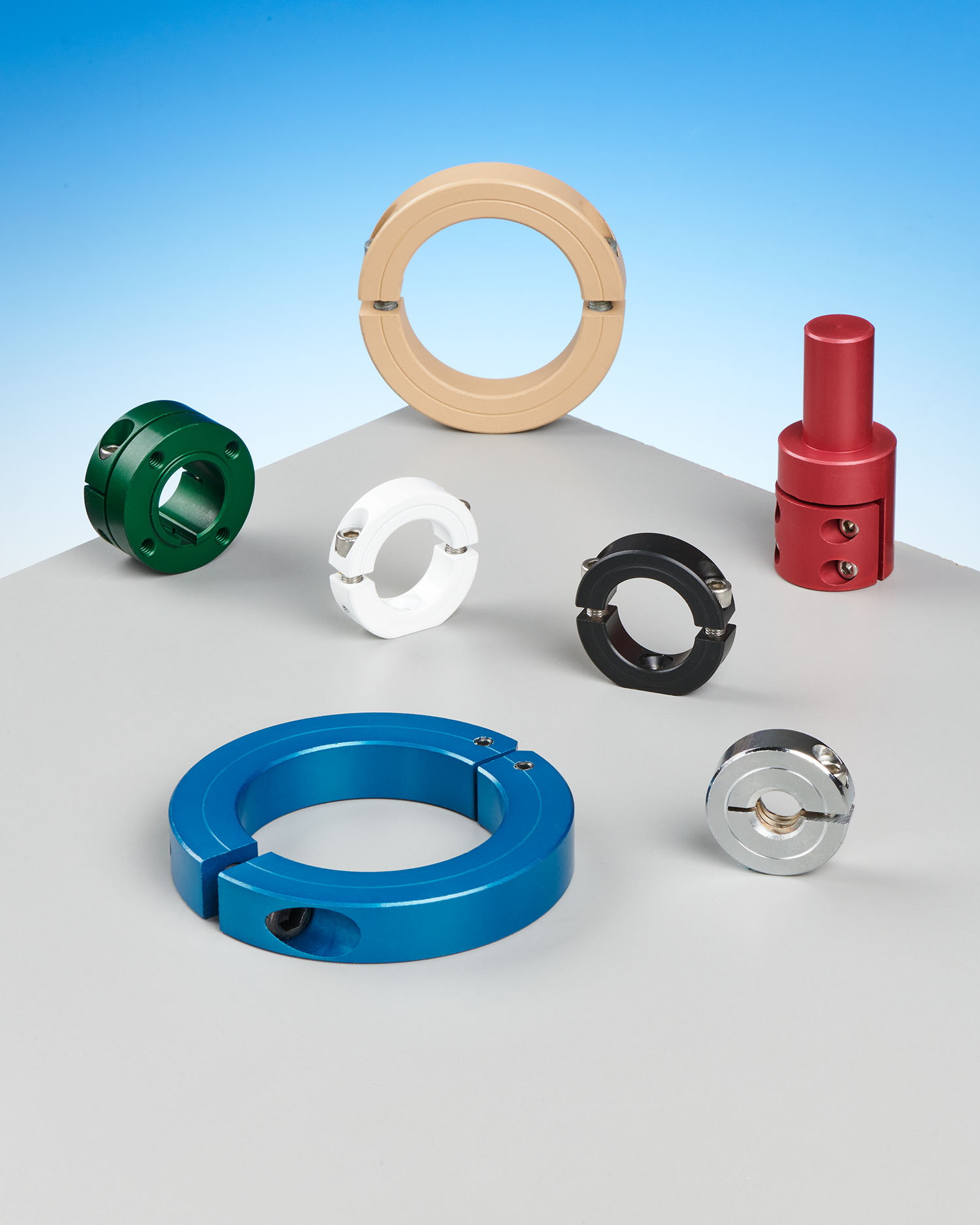 Shaft collars and couplings with custom colors or plated finishes