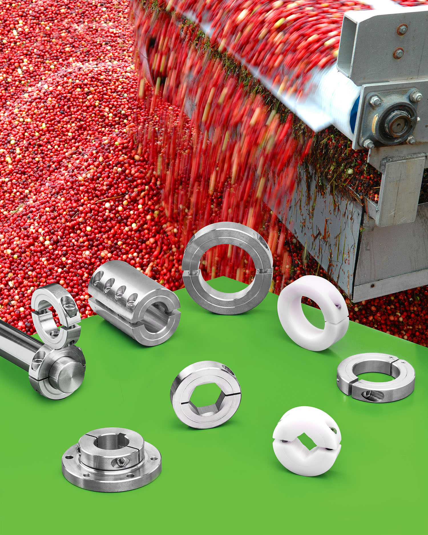 Shaft collars and couplings for berry and nut processing systems