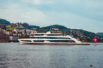 Cruise ship on lake Lucerne docking close to harbour overcast day 2019